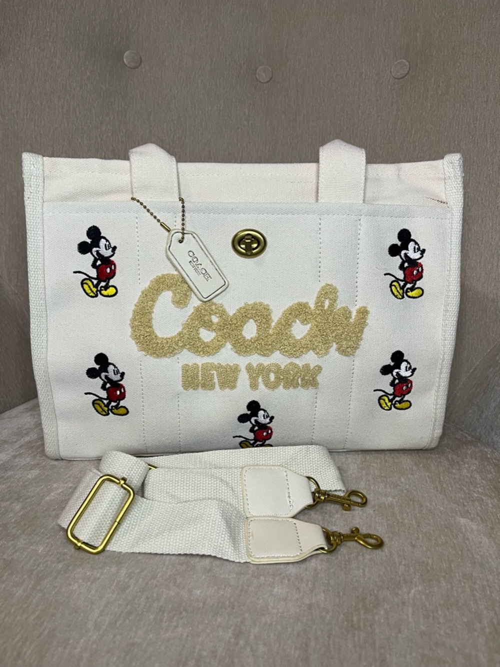 Coach White Canvas Mickey Mouse Embroidered Tote with Gold Hardware